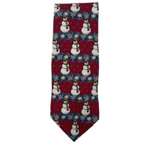 Claybrooke Christmas Neck Tie 100% Silk Red & Blue Snowman Snowflake Novelty
